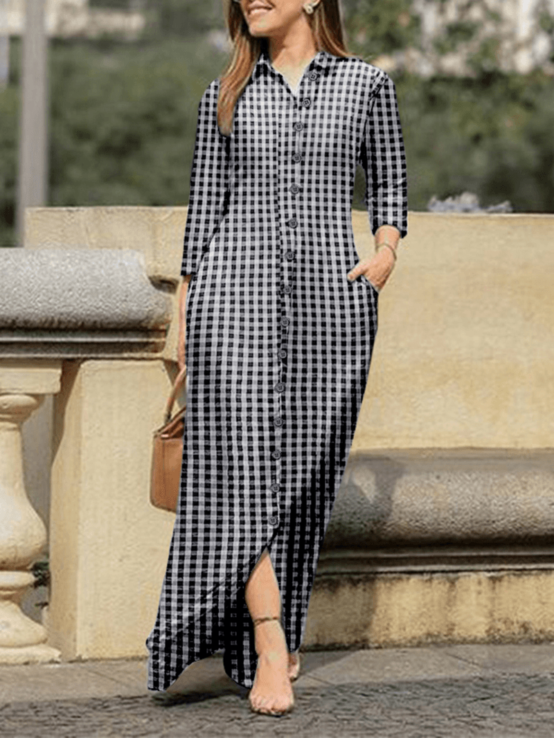 Ada® | Plaid Revers Knopf Langarmhemd Kleid für lässig und Chic Stil