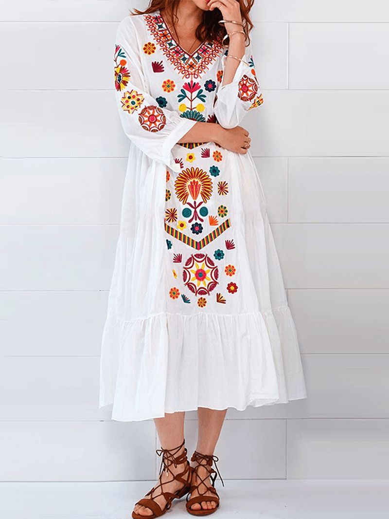 Ethnic Women V-Neck Long Sleeve Floral Print Holiday Bohemian Pleated Maxi Dress - MRSLM