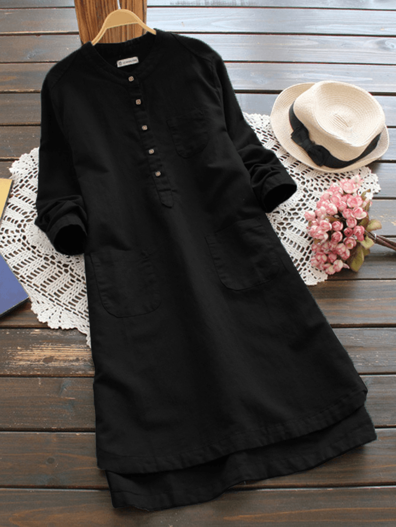 Women Vintage Long Sleeve Buttons Cotton Mini Shirt Dresses - MRSLM