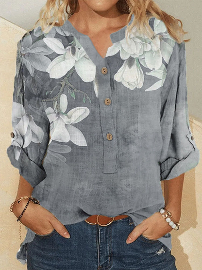 Women Cotton Floral Embroidery Casual Stand Collar Shirt dylinoshop