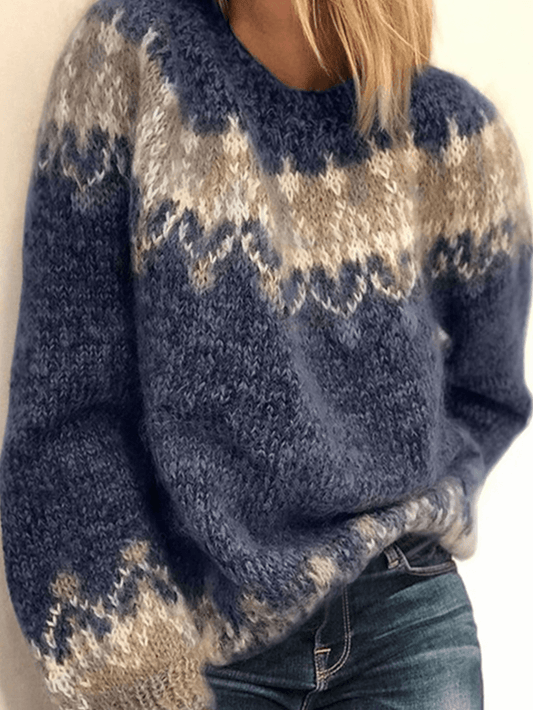 Women Vintage Pattern round Neck Knit Long Sleeve Pullover Sweaters - MRSLM