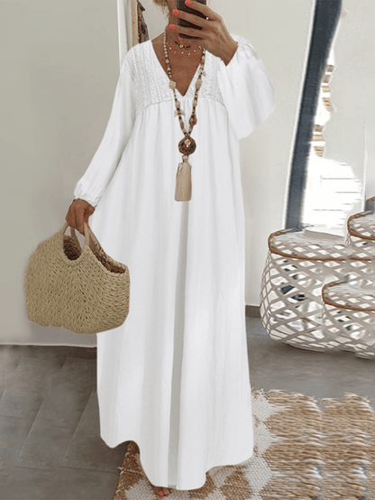 Lace Stitching V-Neck Long Sleeve Elastic Cuffs Loose Casual Maxi Dress - MRSLM