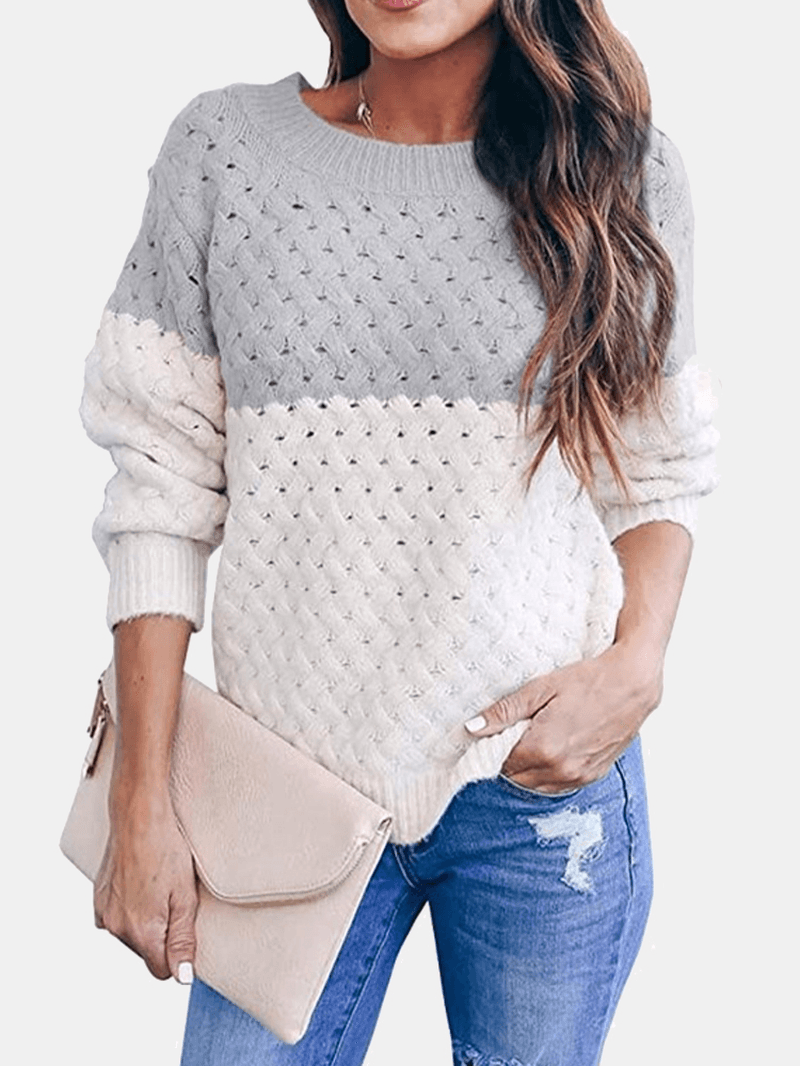 Women Colorblock Knitting Hollow Out Casual Long Sleeve Sweater - MRSLM