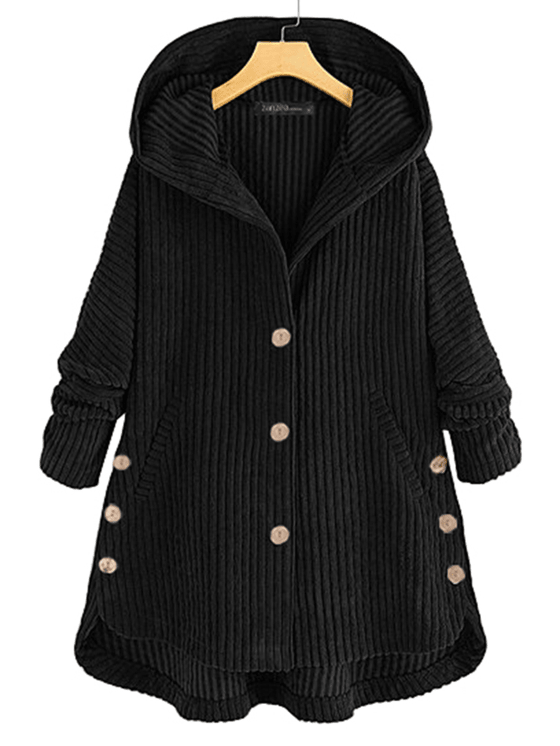 Women Corduroy Solid Color Side Button Coats Long Sleeve Hooded Jacket with Pocket - MRSLM