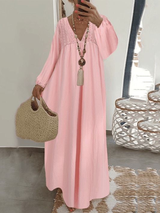 Lace Stitching V-Neck Long Sleeve Elastic Cuffs Loose Casual Maxi Dress - MRSLM