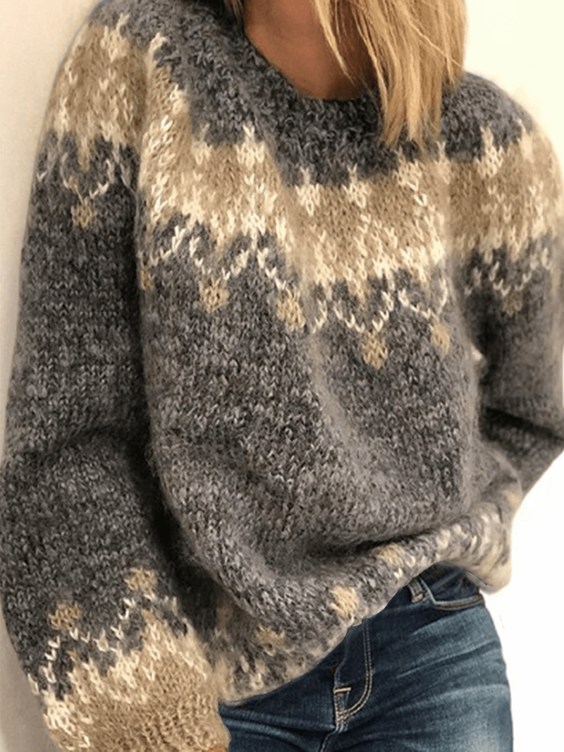 Women Vintage Pattern round Neck Knit Long Sleeve Pullover Sweaters - MRSLM