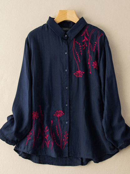 Women Puff Sleeve Flowers Printed Embroidery Button Stand Collar Shirt dylinoshop