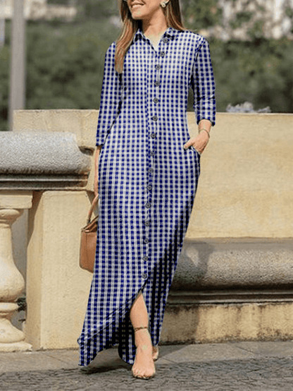 Ada® | Plaid Revers Knopf Langarmhemd Kleid für lässig und Chic Stil