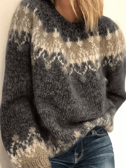 Women Vintage Pattern round Neck Knit Long Sleeve Pullover Sweaters - MRSLM