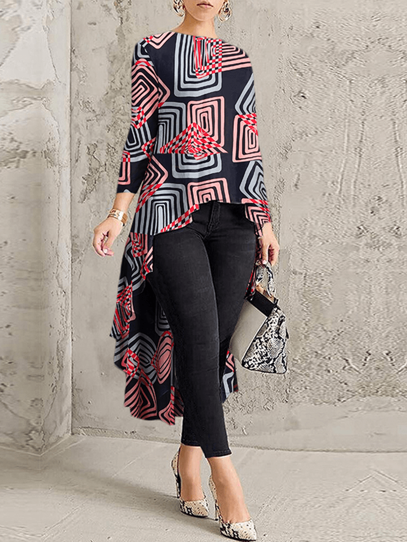 Geometric Printed Irregular Hem O-Neck Casual Long Sleeve Blouse for Women - MRSLM