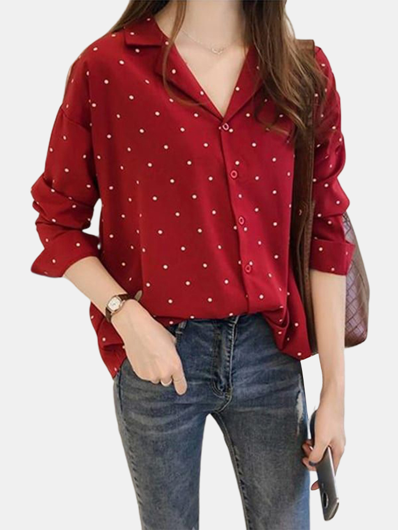 Polka Dot Print V-Neck Long Sleeve Casual Blouse dylinoshop