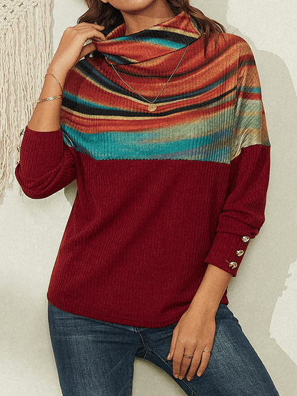 Women Rainbow Striped Print Patchwork Turtleneck Ribbed Sweater - MRSLM