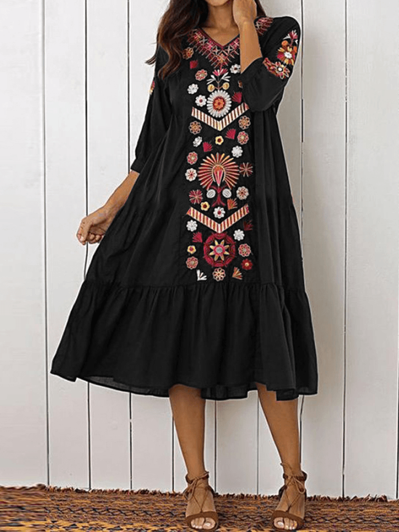 Ethnic Women V-Neck Long Sleeve Floral Print Holiday Bohemian Pleated Maxi Dress - MRSLM