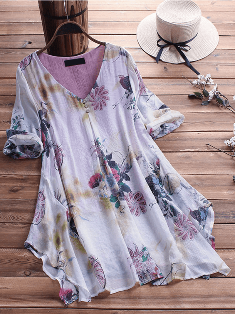 Women Floral Printed Loose Asymmetric Hem Blouse - MRSLM