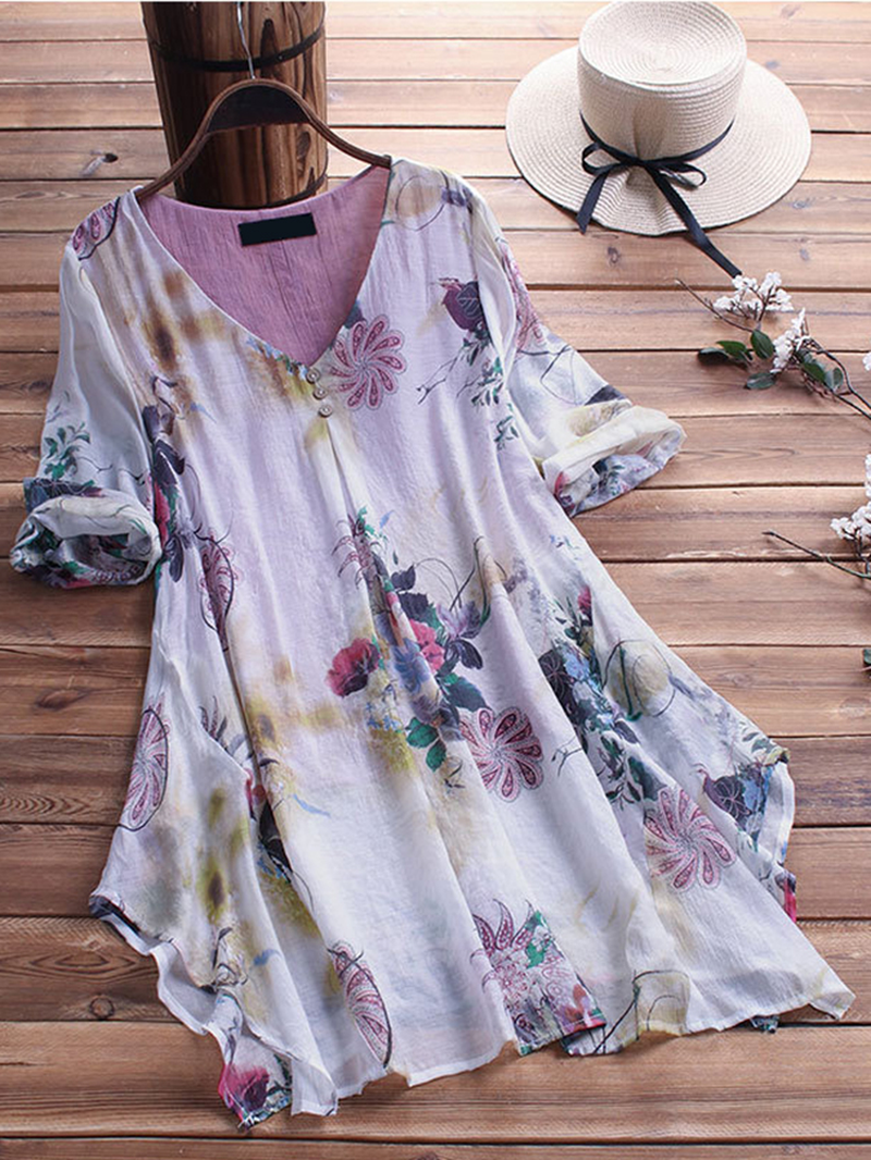 Women Floral Printed Loose Asymmetric Hem Blouse dylinoshop