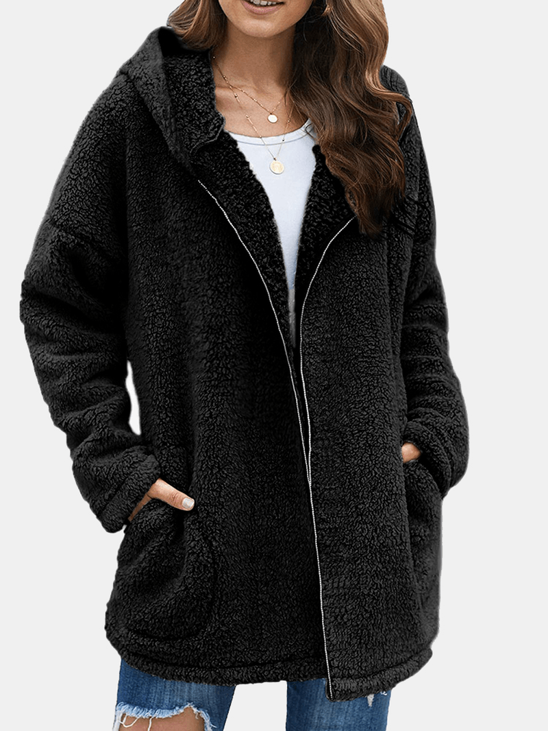 Women Fluffy Solid Full Zipper Hood Side Pocket Long Sleeve Warm Casual Hooded Sweatshirts - MRSLM