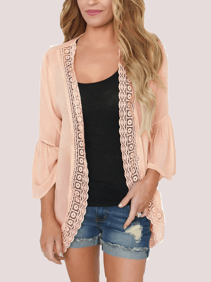 Women Solid Color Lace Trim Light Cardigans - MRSLM