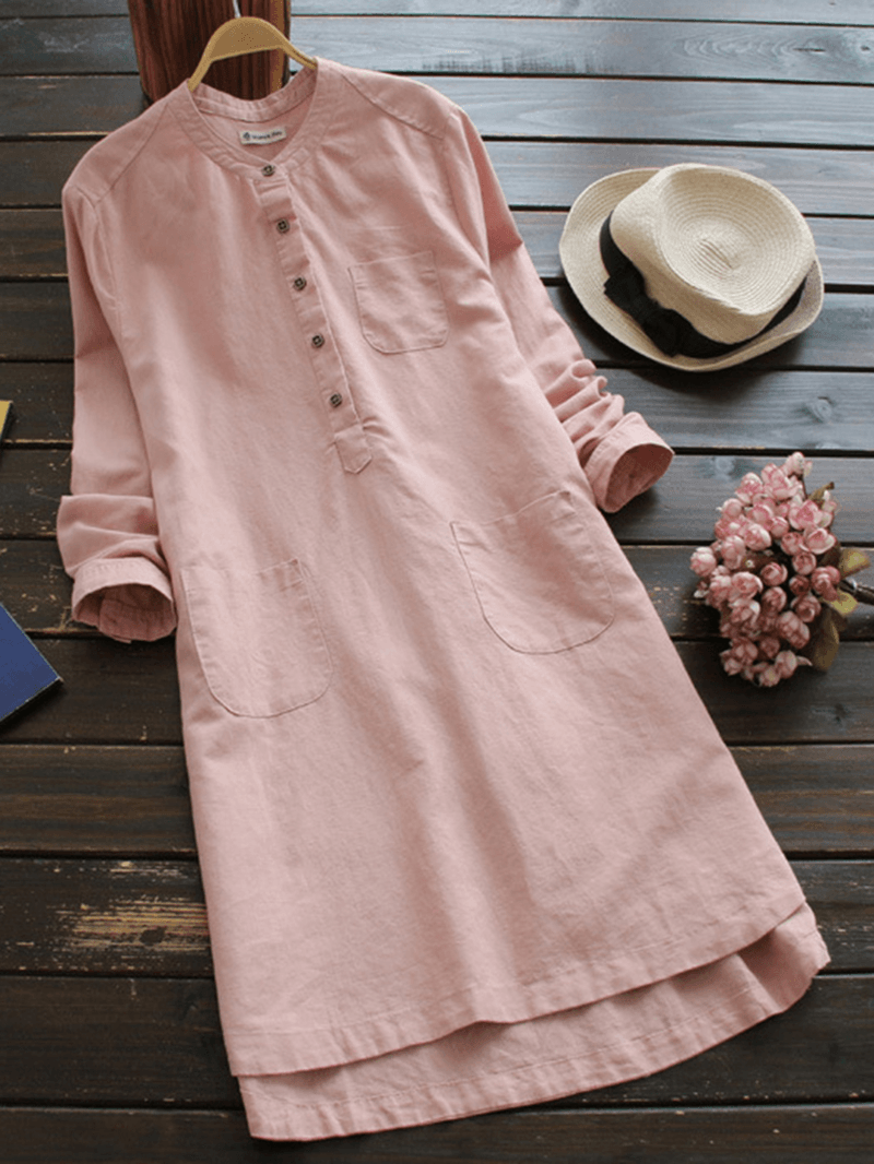 Women Vintage Long Sleeve Buttons Cotton Mini Shirt Dresses - MRSLM