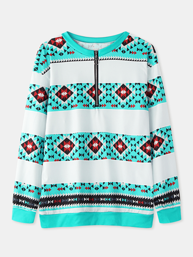 Women Geometry Print Half Zipper Front Pullover Ethnic Style Sweatshirt - MRSLM