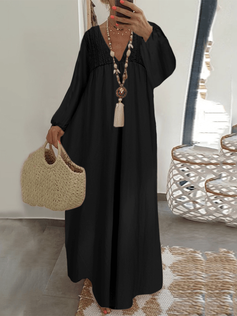 Lace Stitching V-Neck Long Sleeve Elastic Cuffs Loose Casual Maxi Dress - MRSLM