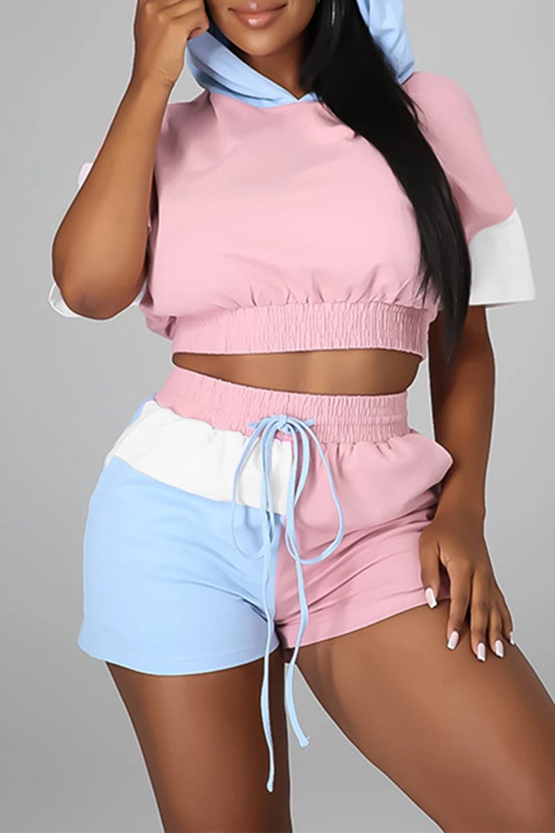 Rodress-freeshipping-hooded-color-block-short-sleeve-top-shorts