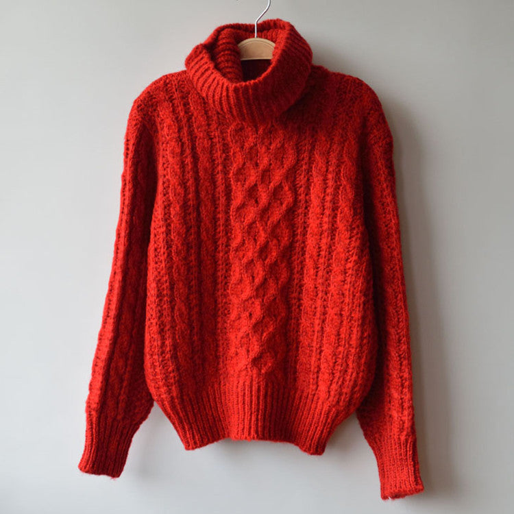 High Neck Pullover Loose Solid Color Knit Sweater