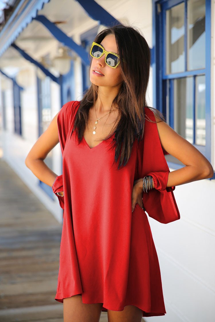 V-neck Bear Shoulder Loose Chiffon Short Dress - MeetYoursFashion - 6