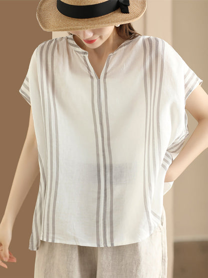 Adison® | Women Summer Artsy Stripe V-Neck Thin Linen Shirt CV1053