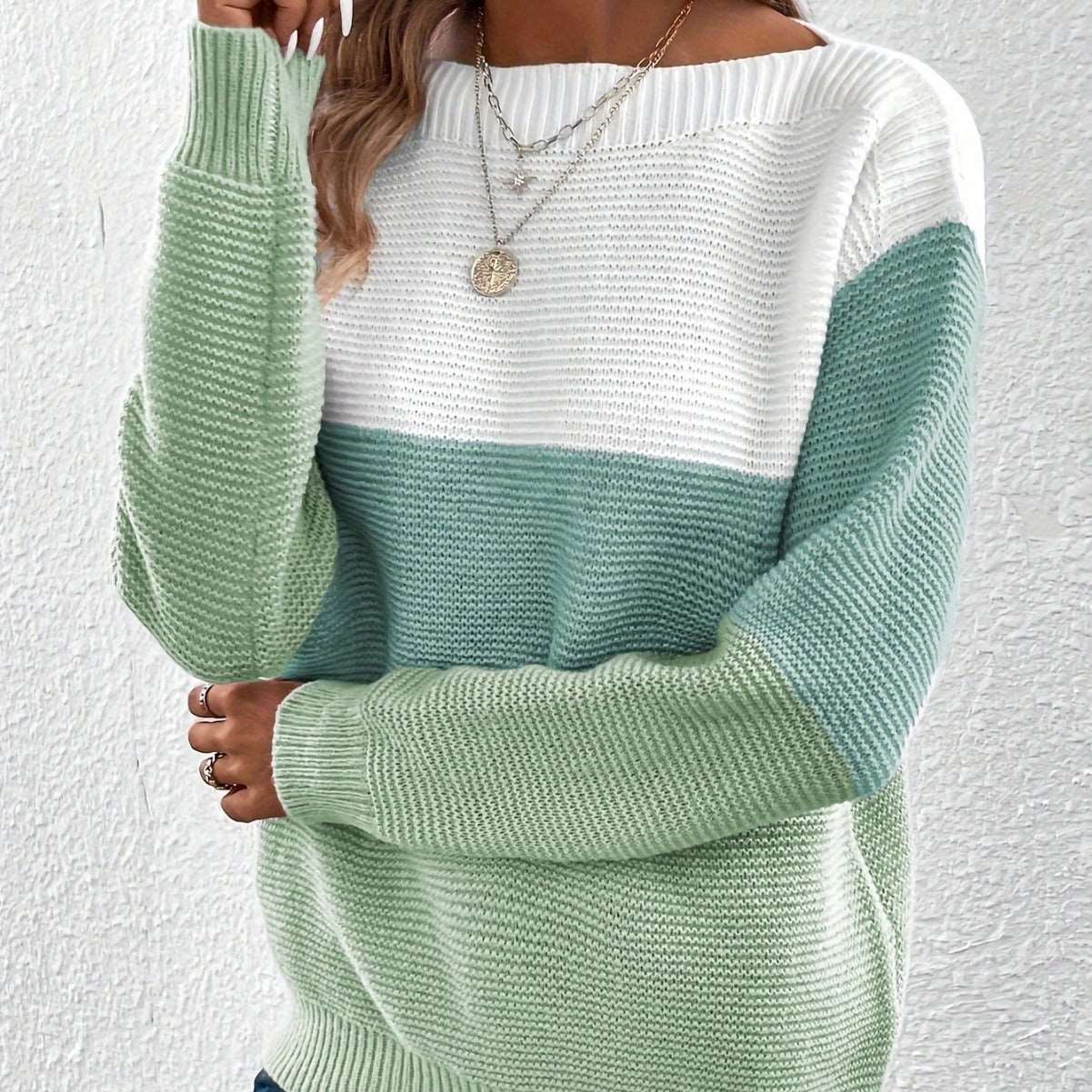 Women's Round Neck Long Sleeve Colorblock Sweater in 8 Colors S-XL