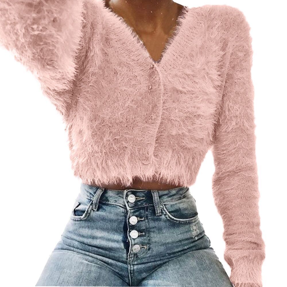 V-neck Buttons Loose Mohair Women Cropped Cardigan