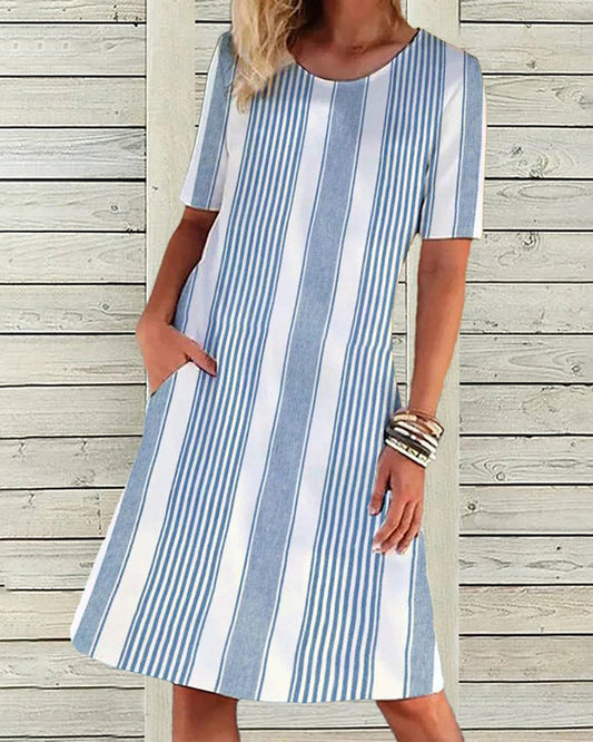 Striped round neck dress Yellow 23BF Casual Dresses Clothes Dresses Spring Summer