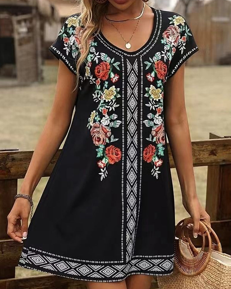 Printed Short sleeve casual dress Dark blue 23BF Casual Dresses Clothes Dresses Summer