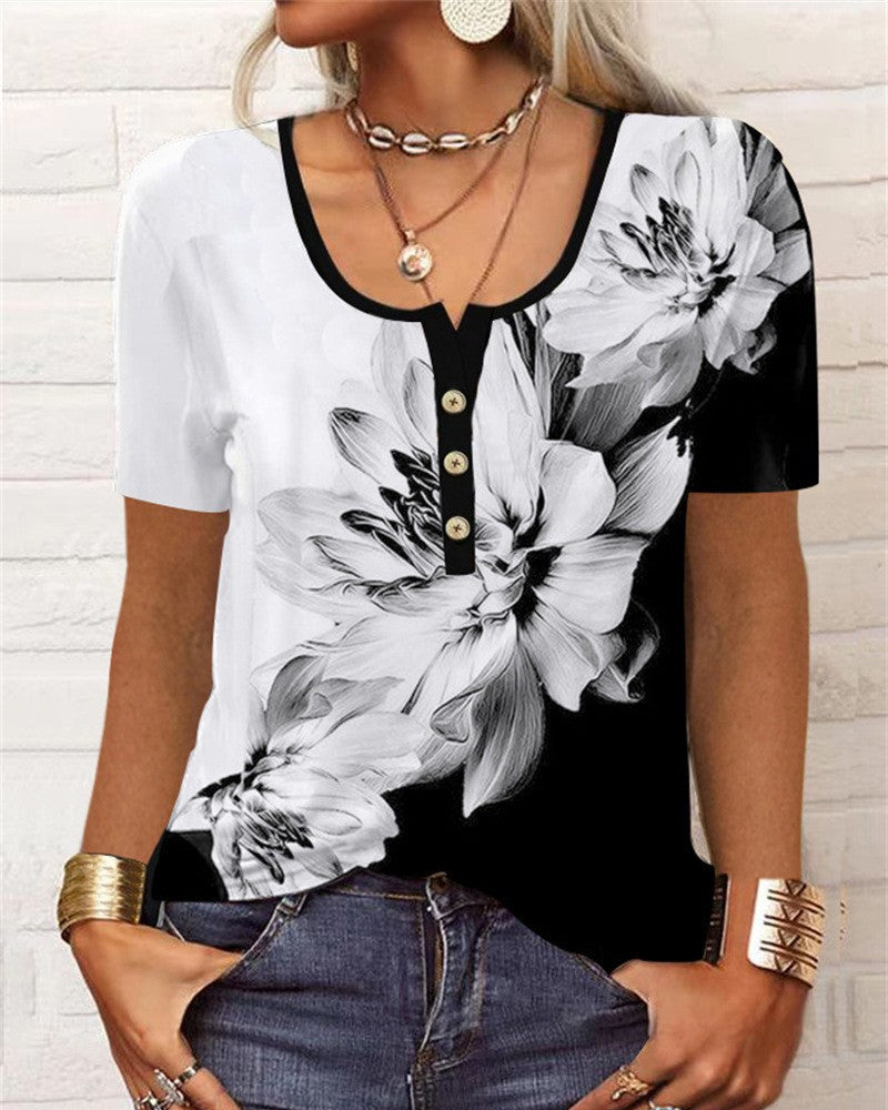 Button short sleeve u-neck printed blouse White 23BF Blouses & Shirts clothes Short Sleeve Tops T-shirts Tops/Blouses