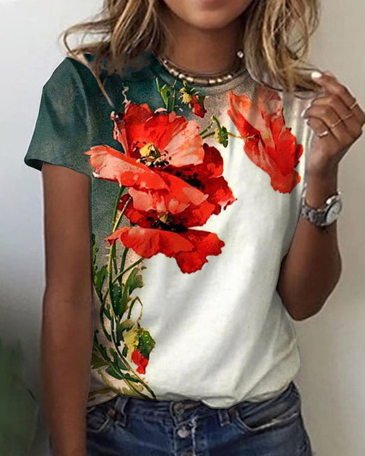 Round neck floral print short sleeve t-shirt White 23BF clothes Short Sleeve Tops Summer T-shirts Tops/Blouses