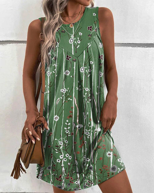 Round neck floral print tank dress Cyan 23BF Casual Dresses Clothes Cotton and Linen Dresses Summer