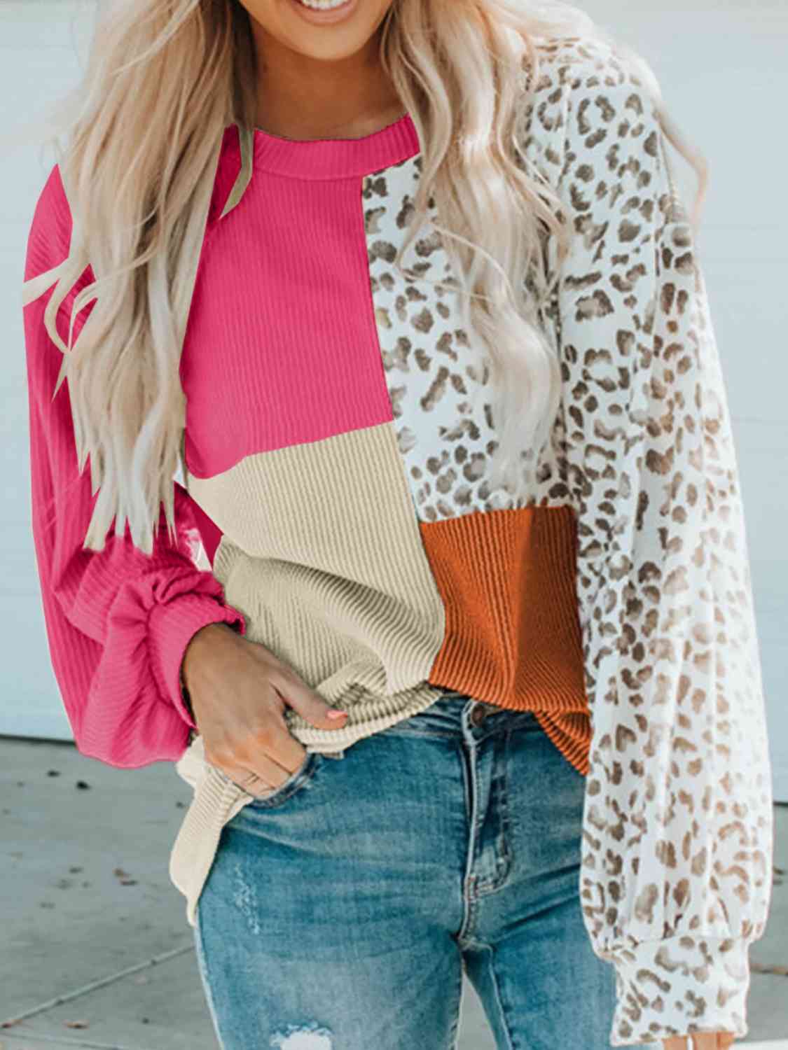 Color Block Leopard Round Neck Sweatshirt king-general-store-5710.myshopify.com