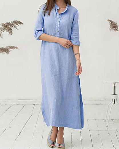 Cotton And Linen Shirt Dress Casual Long Sleeve Loose Fit Split Maxi Dresses With Pocket