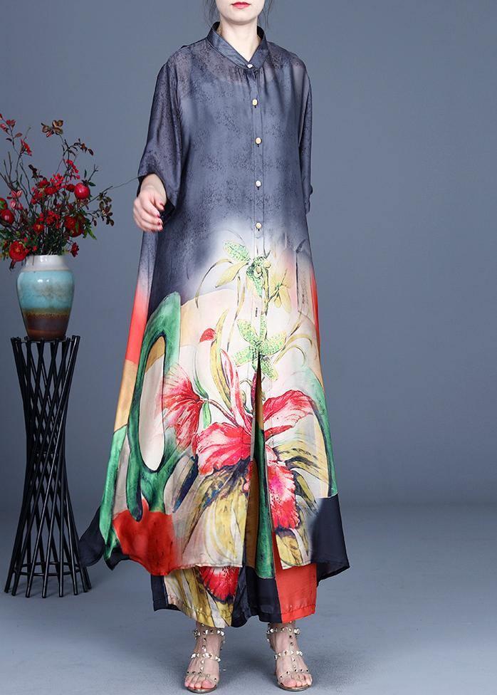 2021 Summer Black Large Loose Print Tencel Long Shirt + Two Piece Wide Leg Pants Set - SooLinen