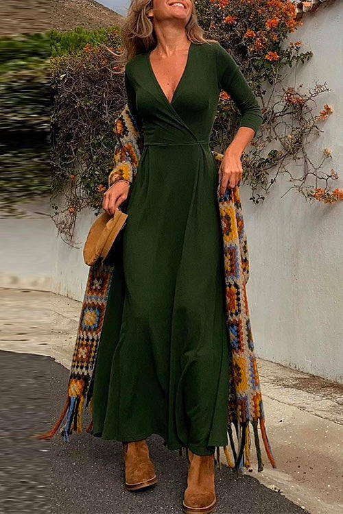 Margovil Wrap V Neck Long Sleeve Waisted Swing Dress