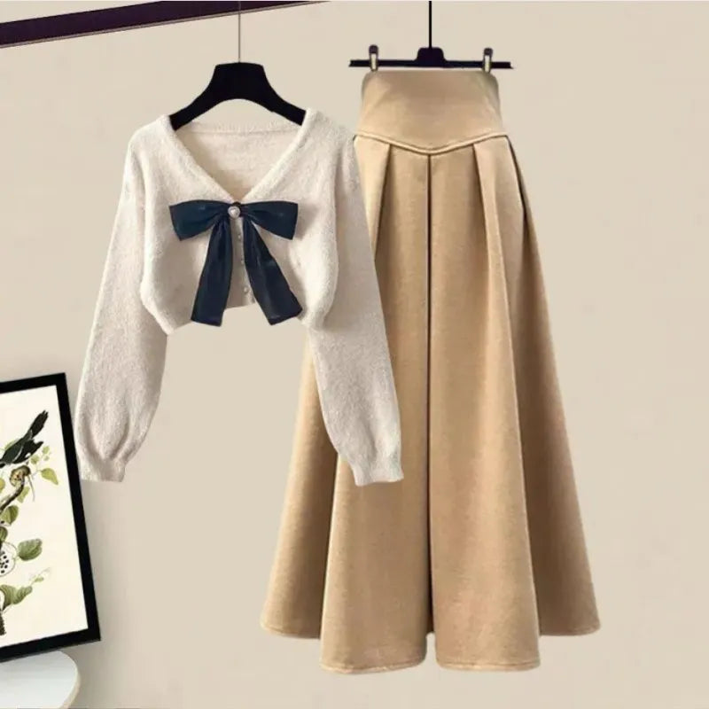 2024 Spring Autumn New in Matching Sets Women's Fashion Slim Bow Sweater+High Waist Skirt Two-piece Set Korean Chic Dress Suit AMAIO