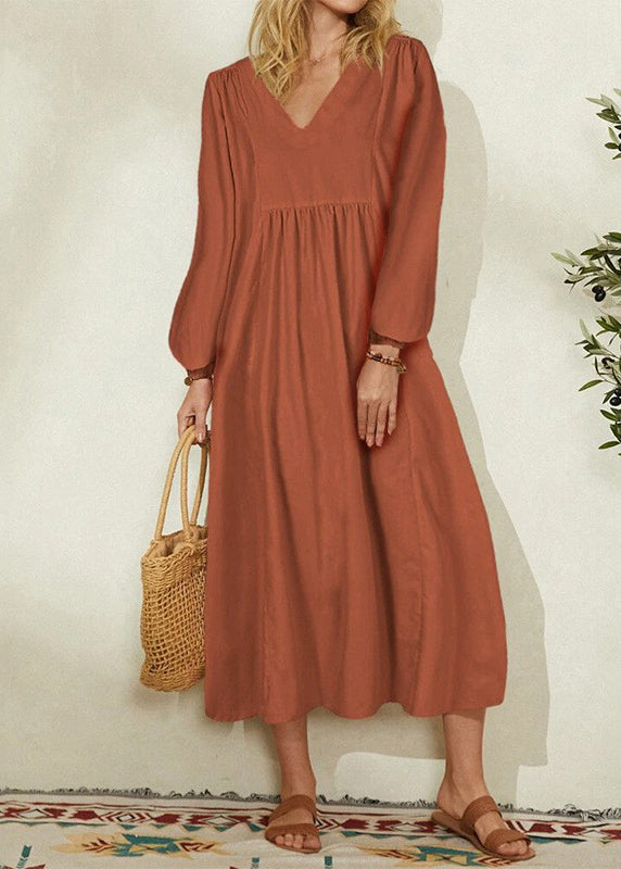 2024 Women's Orange Cotton Linen Loose Balloon Sleeve Dress VB1032 Ada Fashion