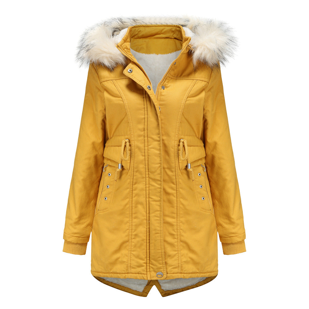 Winter Cotton-Padded Overcoat with Detachable Hat and Fur Collar for Women    