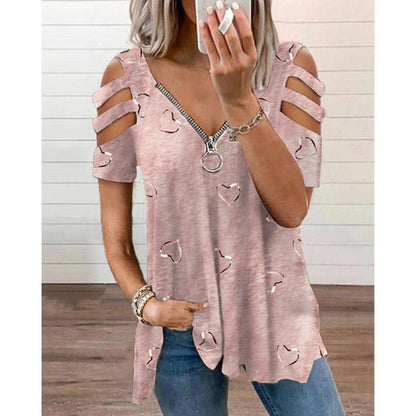 Heart Print V-Neck Zip T-Shirt-6