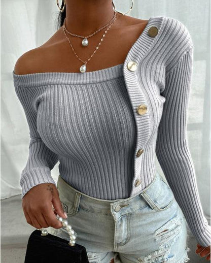 Button Design Long Sleeve Knit Sweater - smallgiftshops