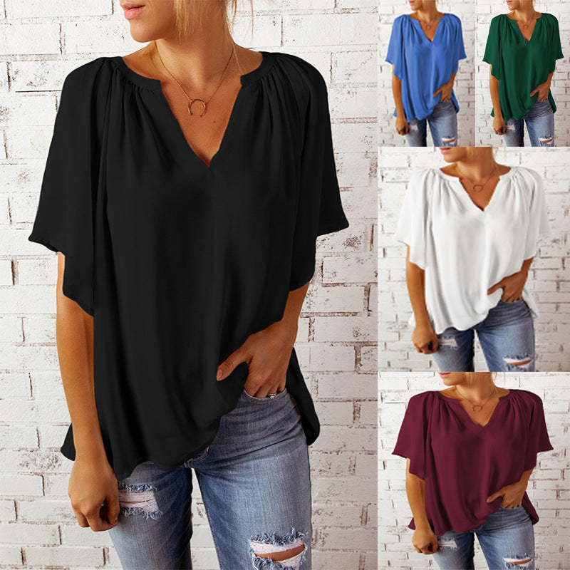 Tshirt  | Women's Loose Half Sleeve T-Shirt V-Neck Slim Fit | [option1] |  [option2]| thecurvestory.myshopify.com