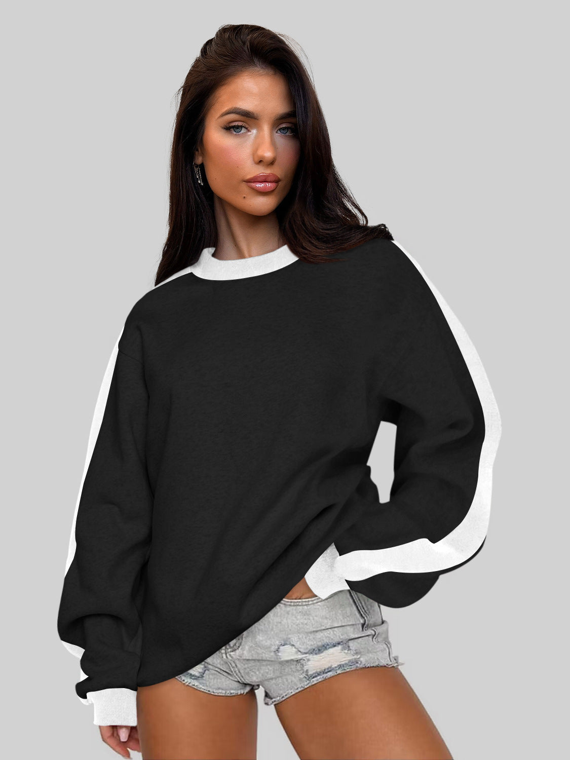 Contrast Color Round Neck Long Sleeve Women’s Sweatshirt