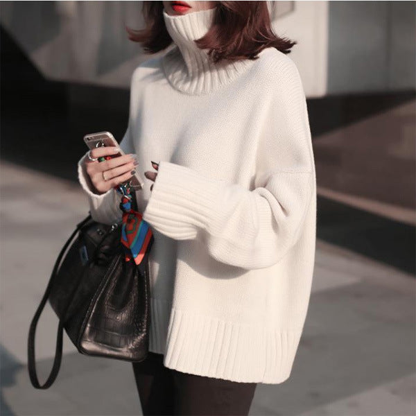 Solid Color Loose High Neck Knit Pullover Sweater