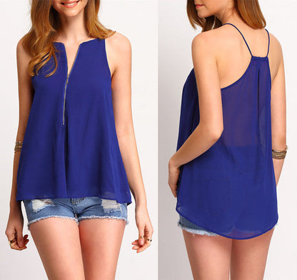 Zipper Spaghetti Strap Chiffon Casual Falbala Sleeveless Blouse