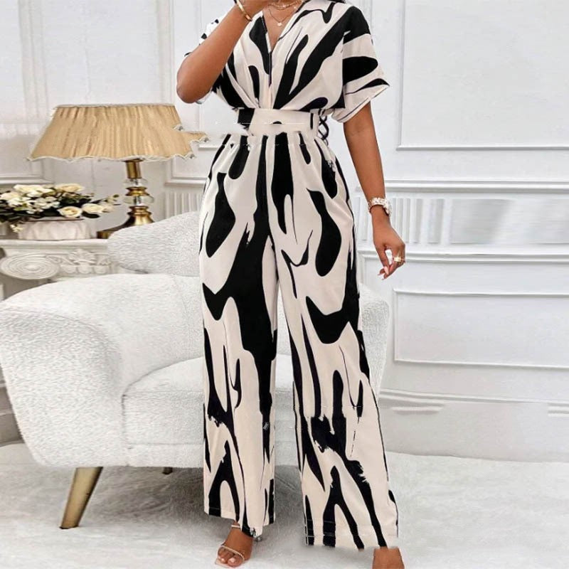 Jumpsuit  | Women Plus Size V-neck Loose Printed Long Jumpsuit | 2XL |  Khaki| thecurvestory.myshopify.com