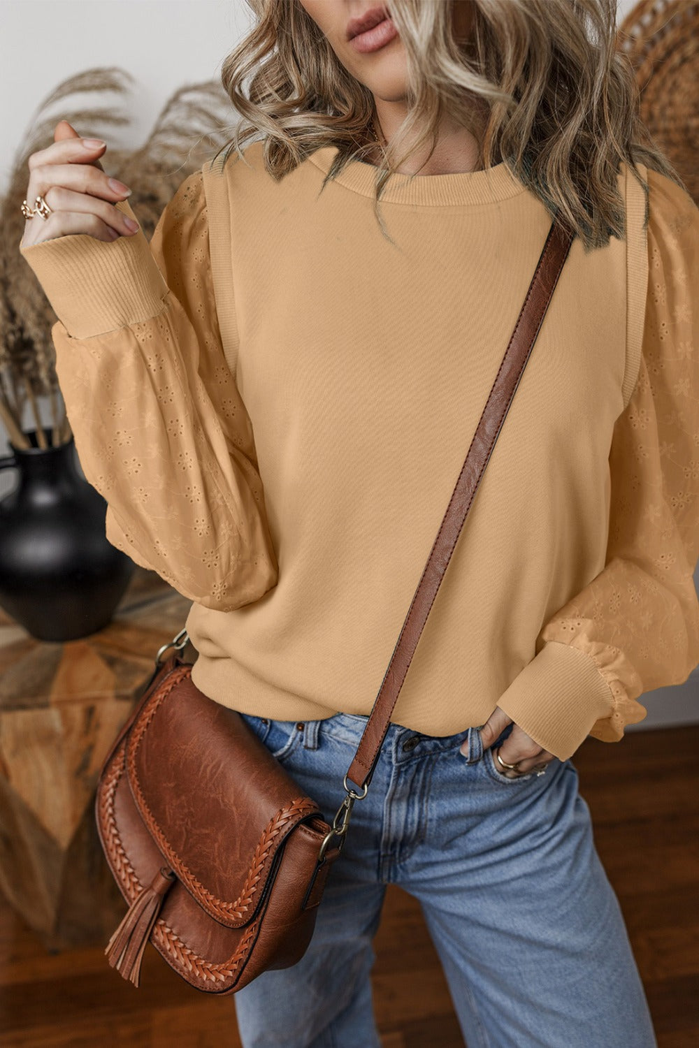 Eyelet Round Neck Long Sleeve Sweatshirt - Sydney So Sweet